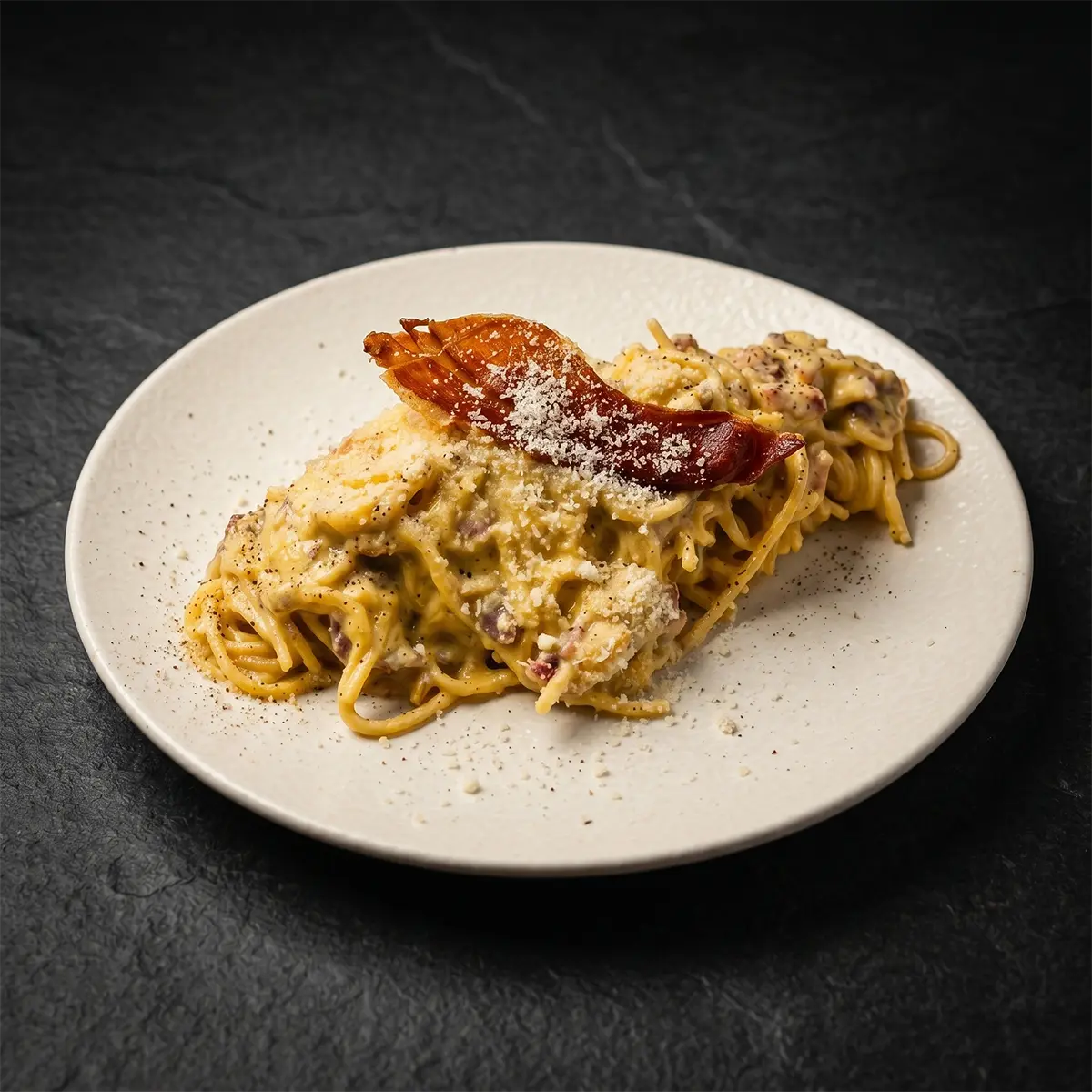 Spaghetti carbonara with crisp guanciale and pecorino