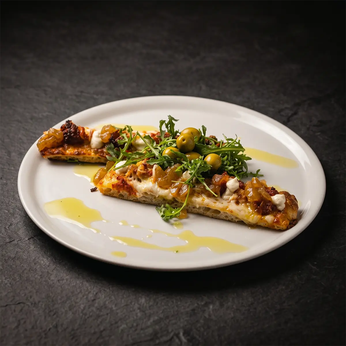 Focaccina Mallorca, bruschetta-style crispy focaccia with sobrasada, Manchego and vermouth-caramelized pears