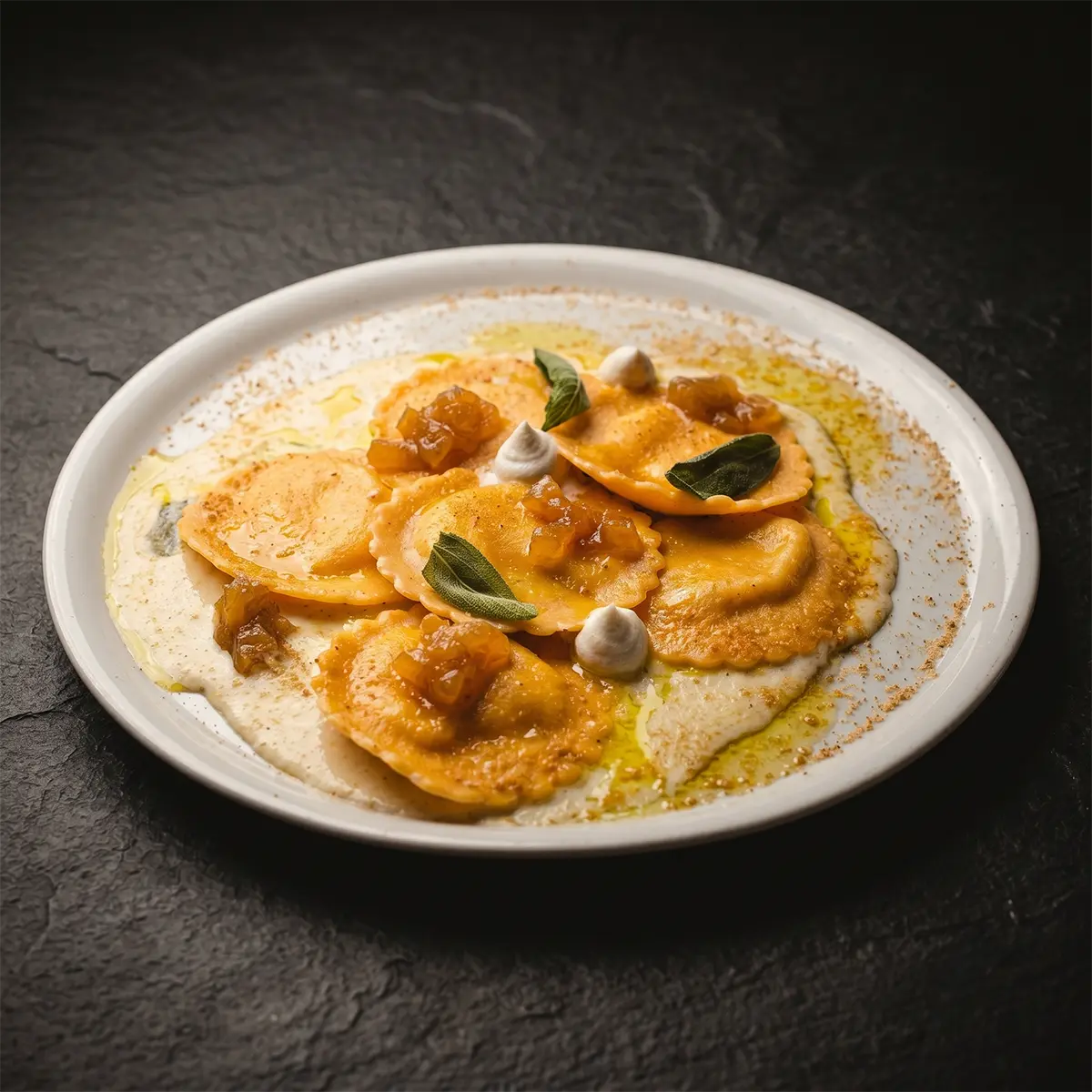 Pumpkin and mascarpone ravioli with gorgonzola mousse, amaretti and vermouth-caramelized pears